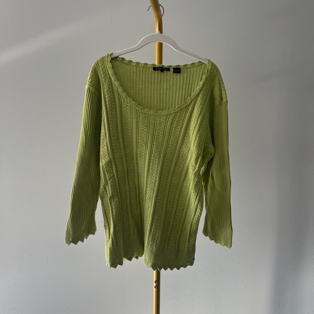 Jeanne Pierre Green 100% Cotton Cable-Knit Pullover Sweater Scoop Neck XL